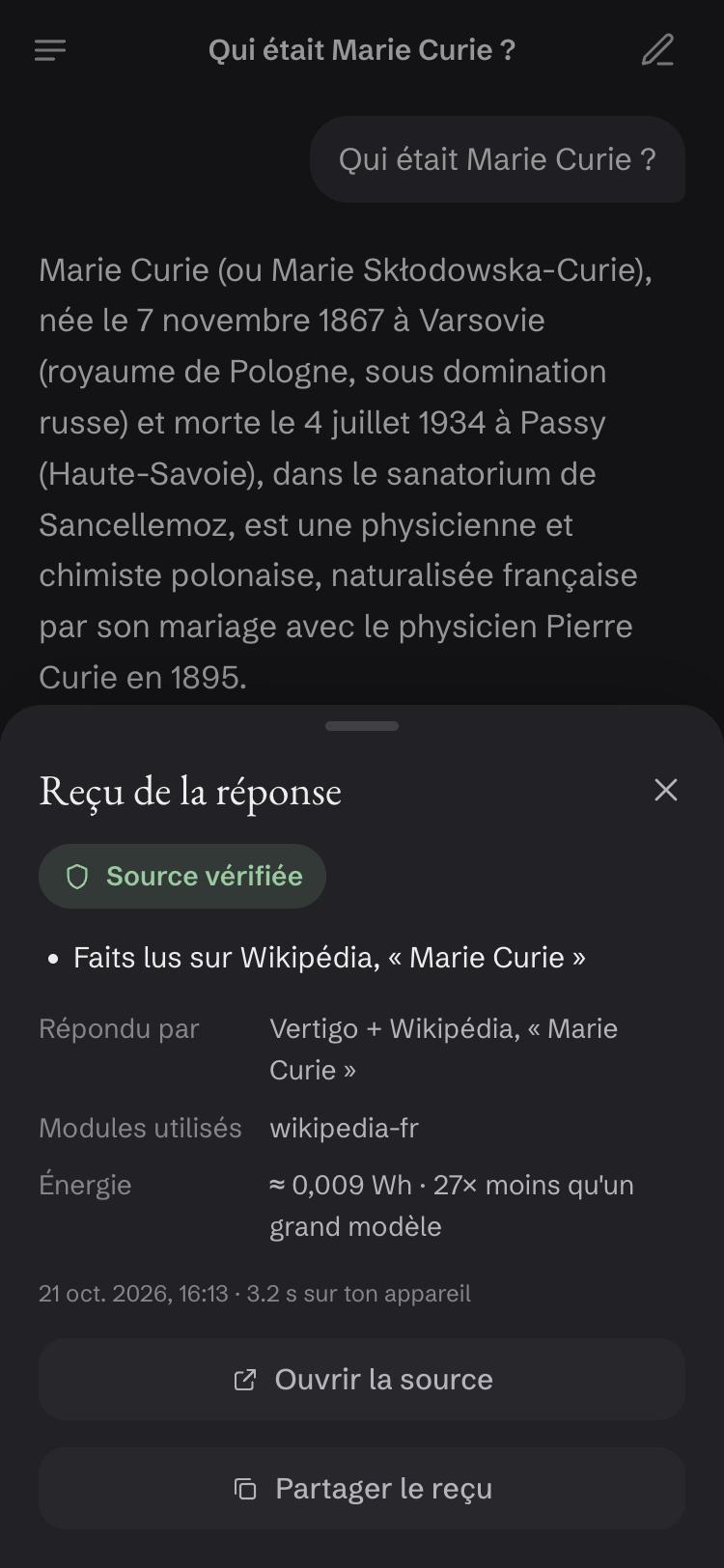 Vertigo on a phone: an answer about Marie Curie and its receipt, source checked on Wikipedia